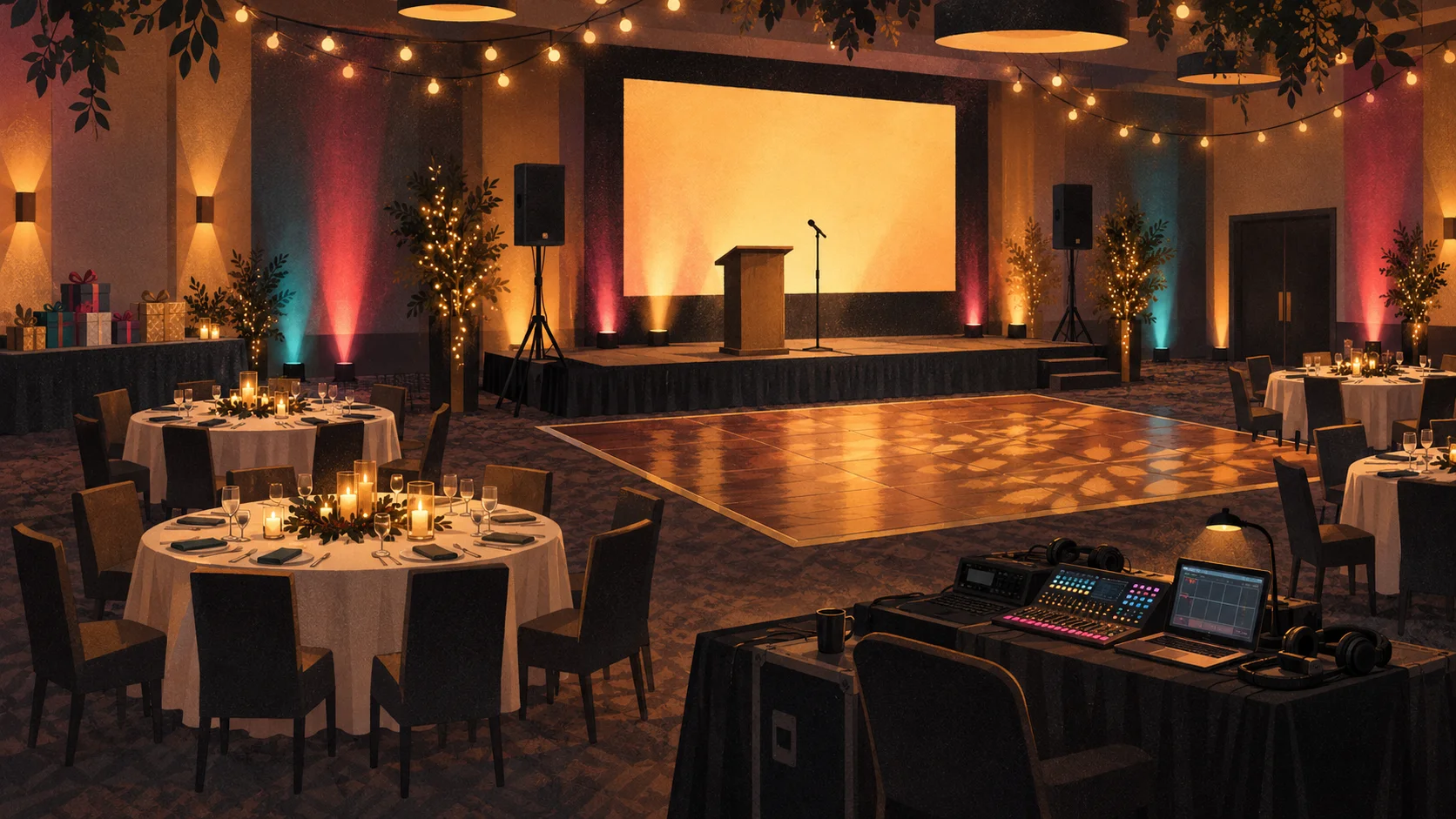 Editorial illustration of an empty banquet room set for a holiday party, with round dinner tables, a small stage with a lectern and screen, colored wall lighting, a dance floor and a sound desk at the back