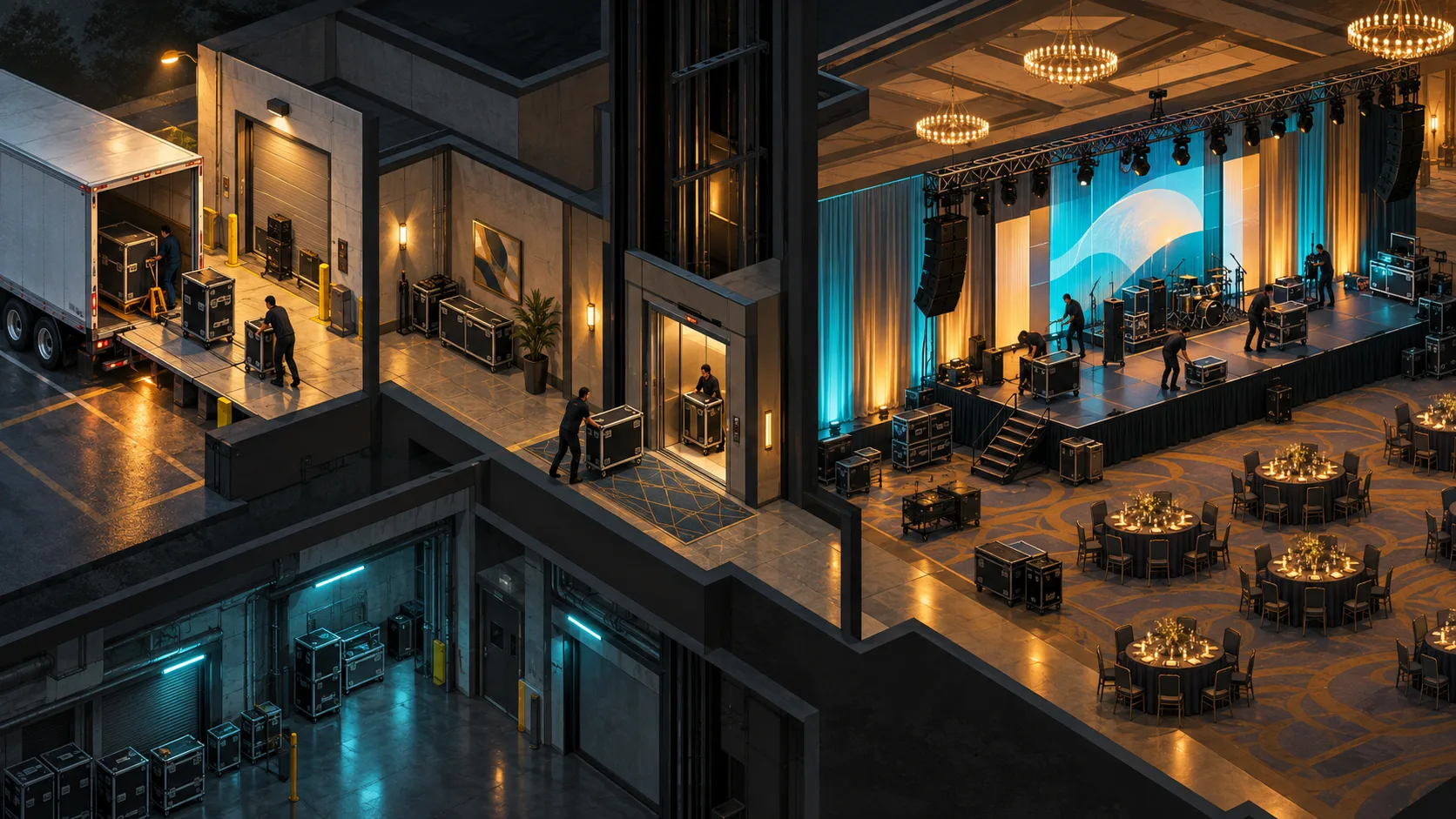 Illustrated route from a venue loading dock through an elevator to a ballroom stage being prepared