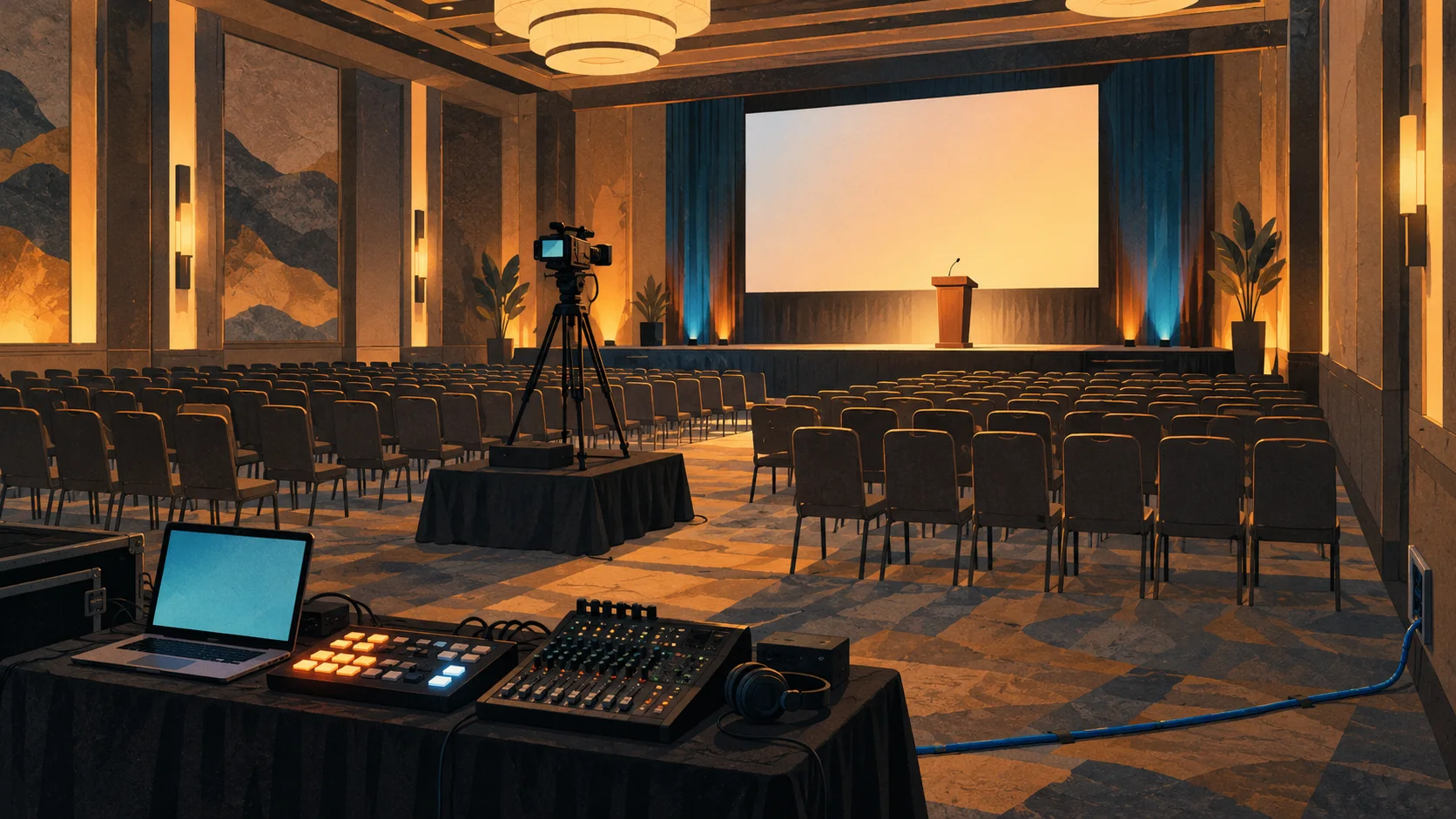 Editorial illustration of an empty conference ballroom set for a livestream, with rows of chairs facing a stage with a lectern and screen, a camera on a tripod riser and a technical table with a laptop, switcher and audio mixer wired to a wall network port