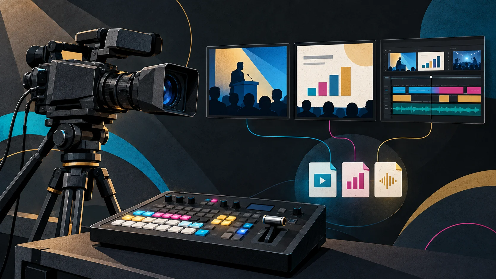 Illustration of a video camera, switcher and separate speaker, slide and editing views
