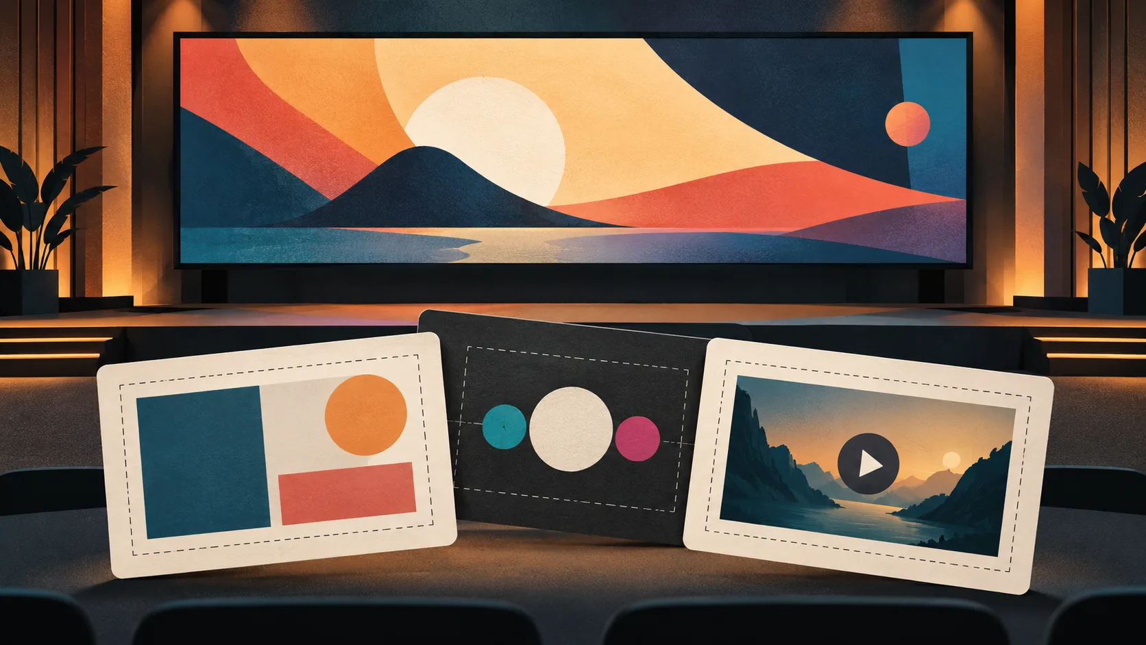 Illustration of a wide event screen with slide, sponsor graphic and video design cards