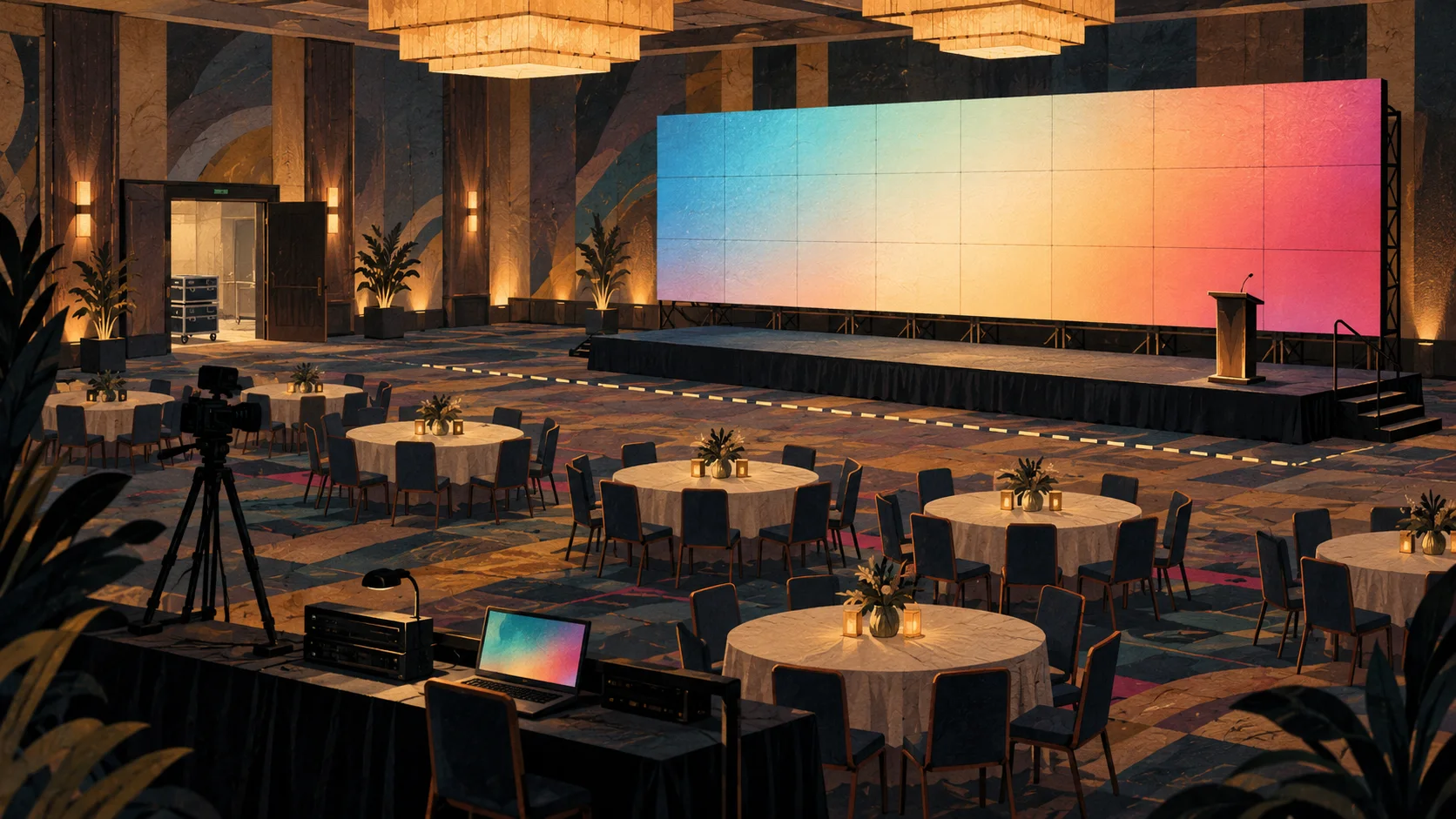 Editorial illustration of an empty hotel ballroom with a wide LED video wall on a ground-support frame behind a stage and lectern, round banquet tables set back behind a dashed line on the carpet, and a camera and technical table at the back of the room