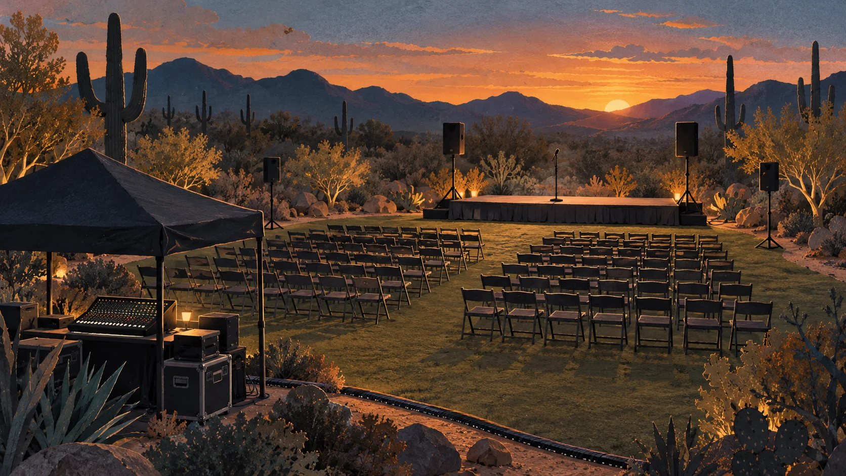 Editorial illustration of an empty desert lawn at dusk with folding chairs, a small stage, speakers on stands and a shaded sound desk
