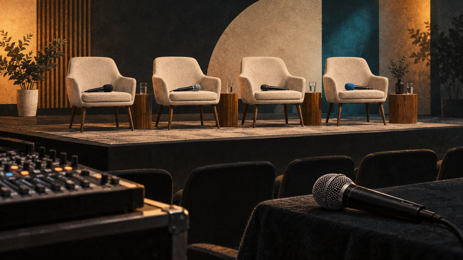 Editorial illustration of four panel chairs with handheld microphones and a separate audience-question microphone