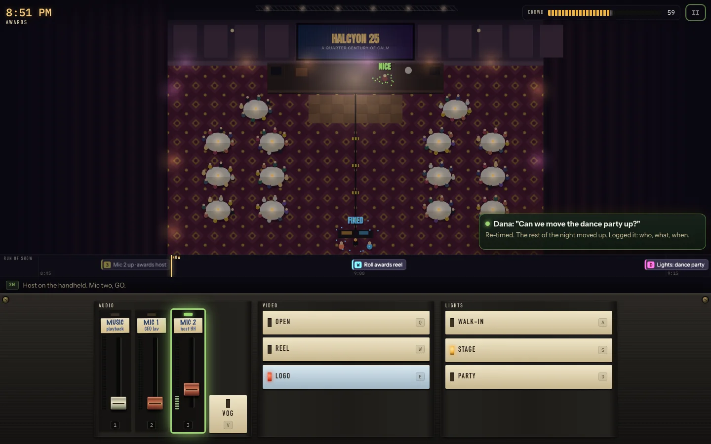 Showrunner gameplay: a hotel ballroom gala seen from above with the sound, video and lighting desk below