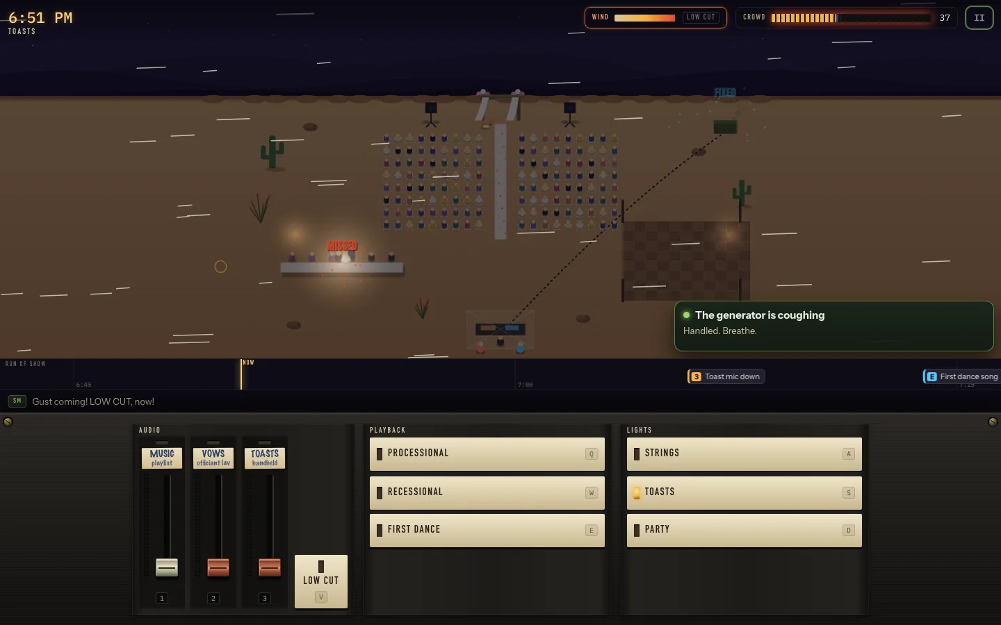 Showrunner gameplay: a windy desert wedding with a wind meter, a low cut button and the playback desk