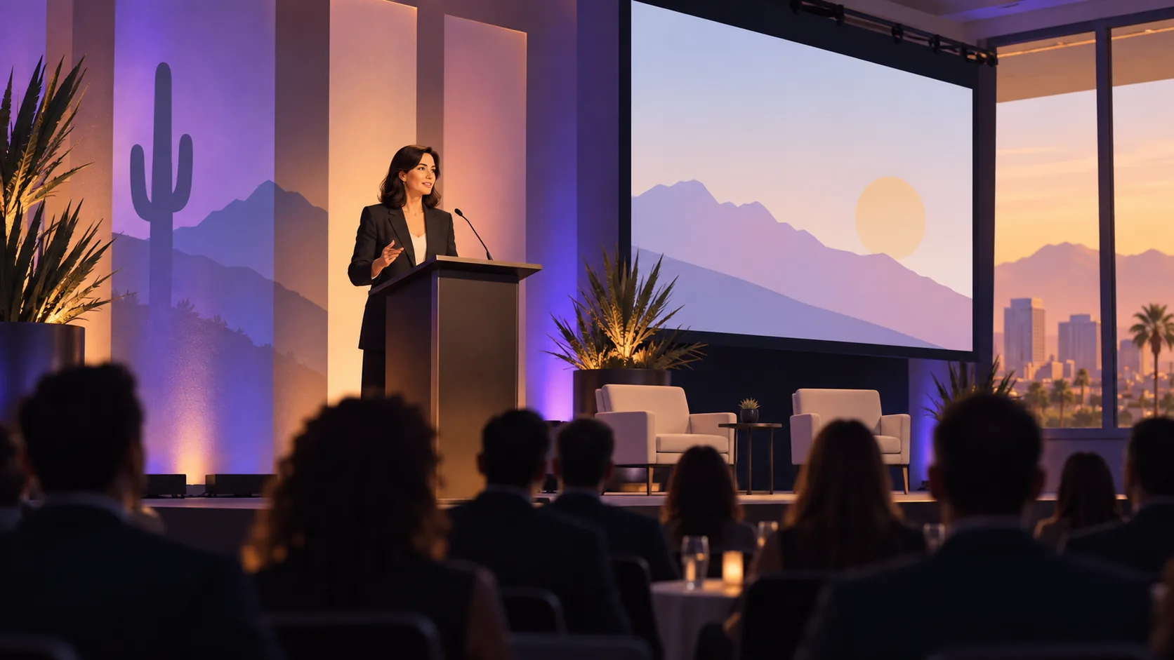 Illustration of a speaker clearly lit at a lectern with colorful lighting on the event backdrop