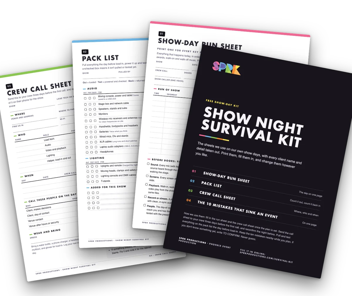 Pages from the Show Night Survival Kit: the cover, run sheet, pack list and crew call sheet