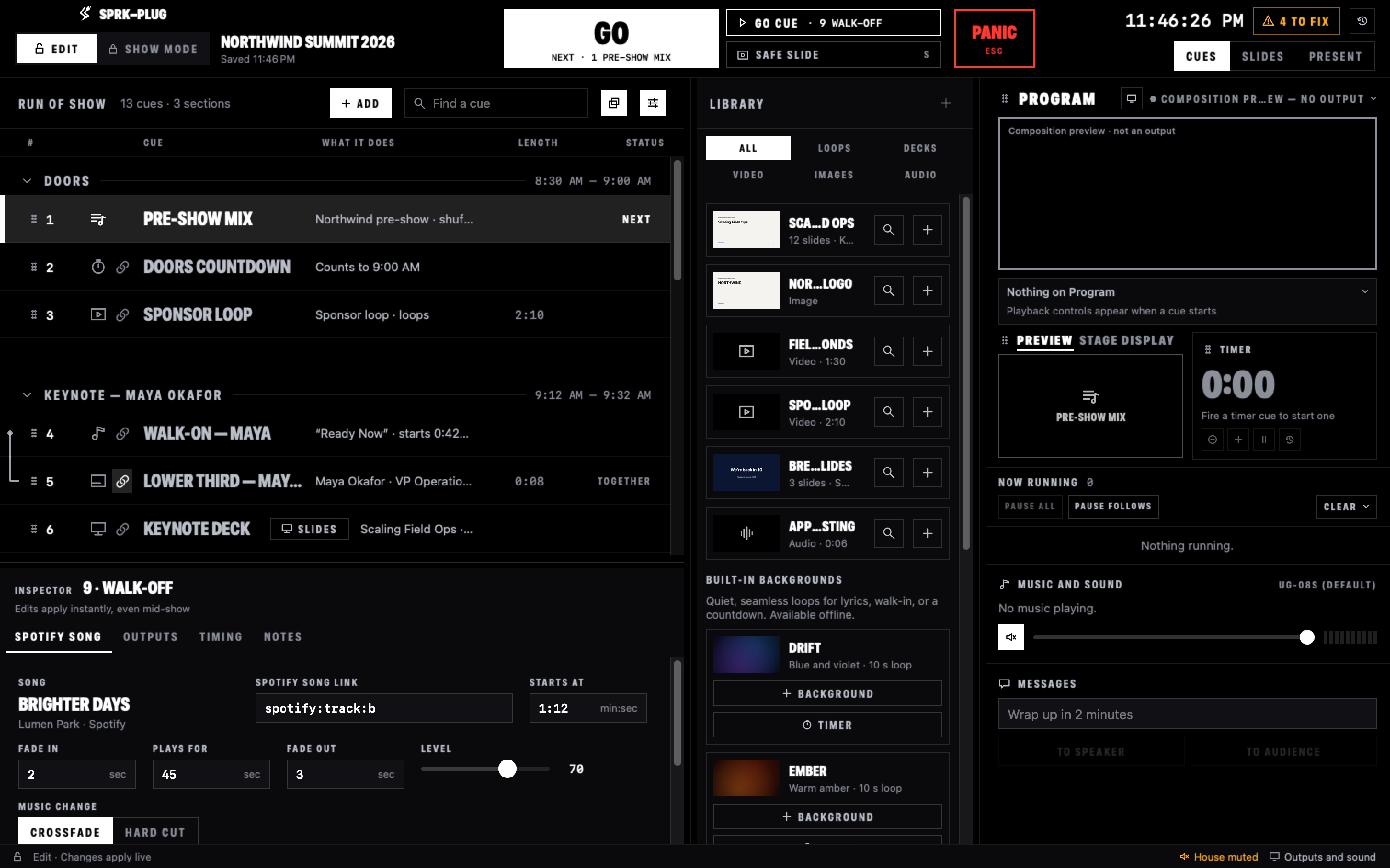 Edit view with the media library open and the inspector showing a cue's settings.