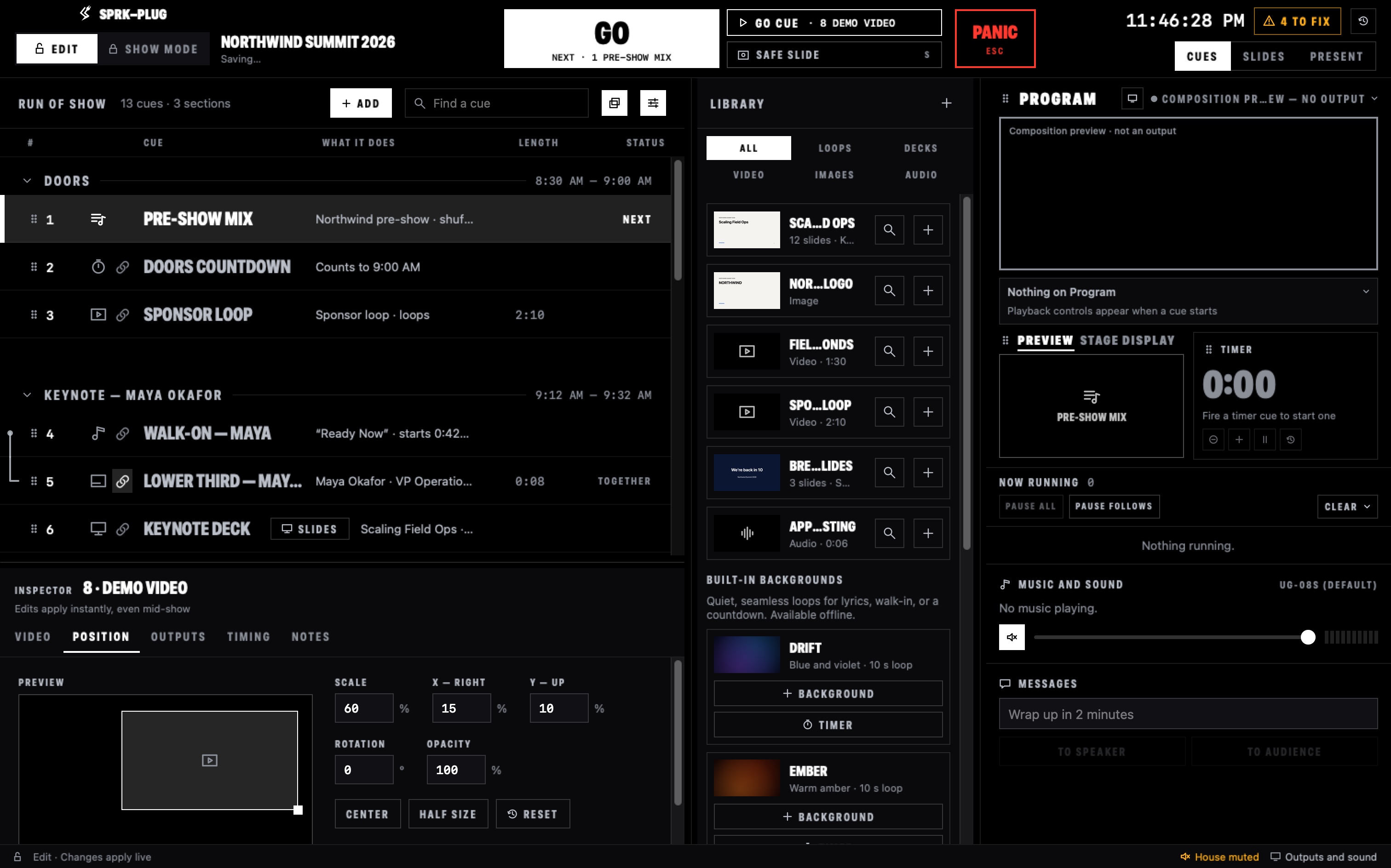 Position tab for a video cue with scale, X, Y, rotation, and opacity controls.