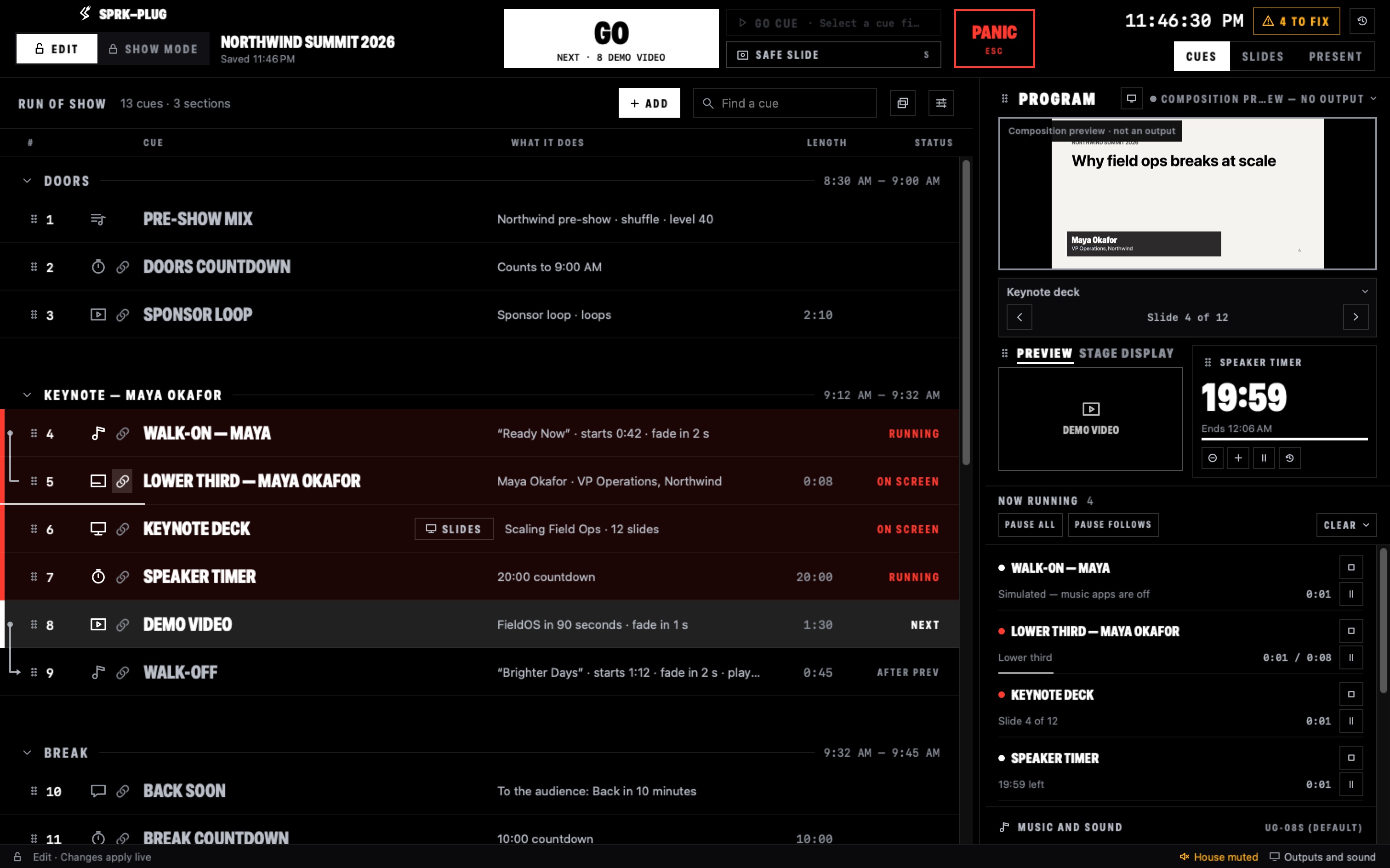 The SPRKplug live screen: the run of show with four cues running, the Program monitor, speaker timer, and Now Running list