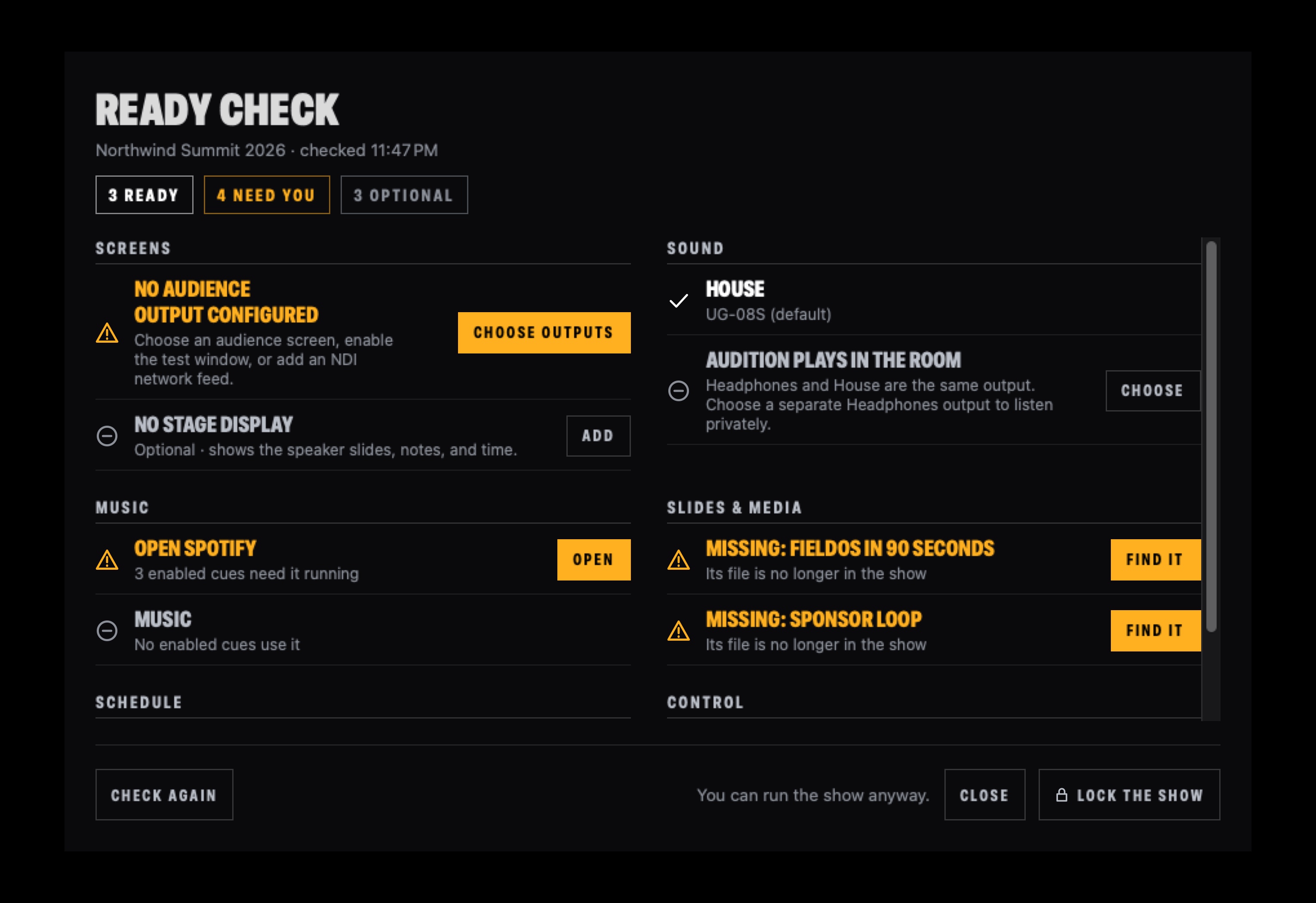 Ready check: 3 ready, 4 need you, 3 optional, with Choose screens and Find it buttons beside each problem.