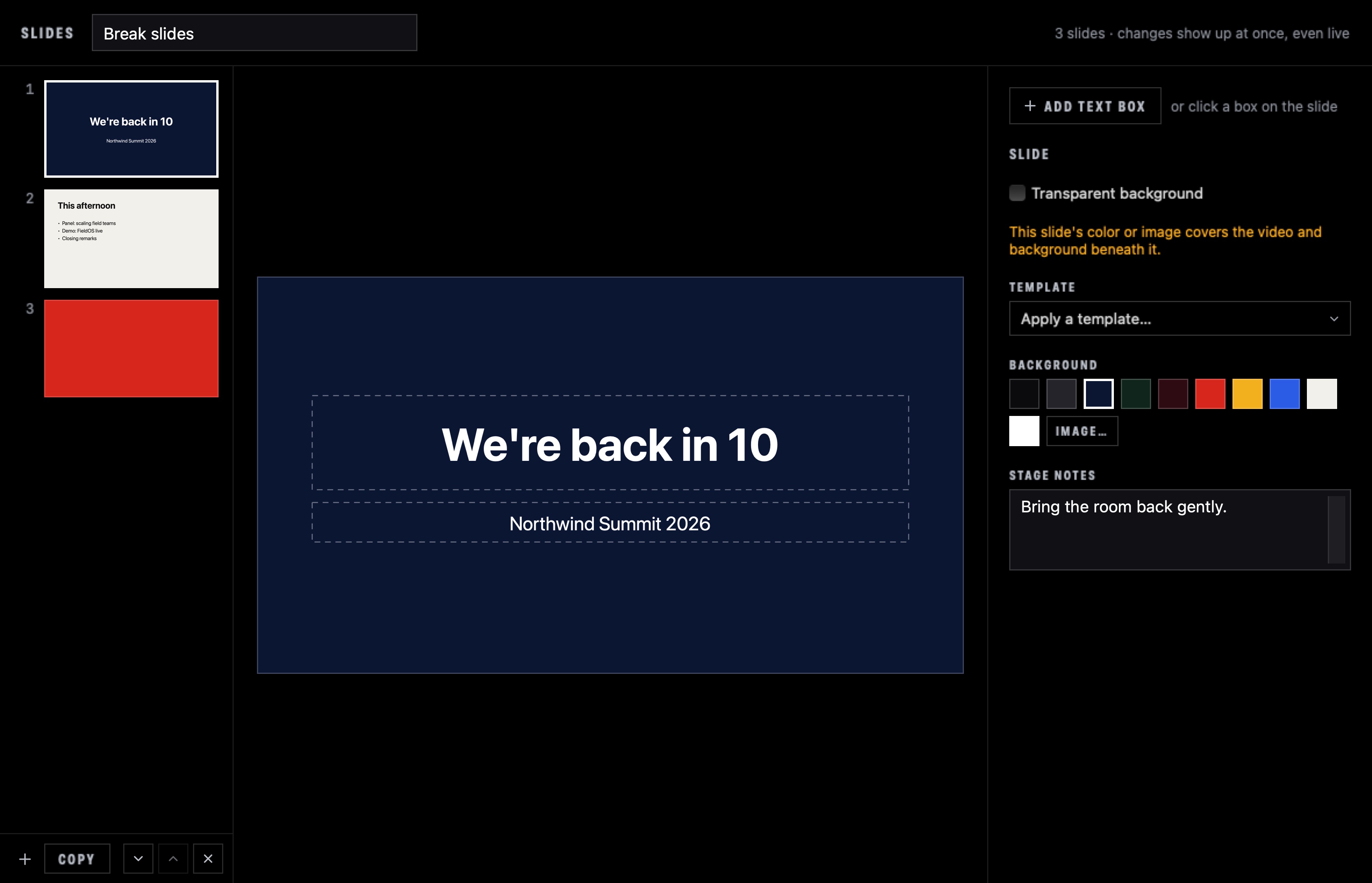 The slide editor with a navy We're back in 10 slide, background swatches, and speaker notes.