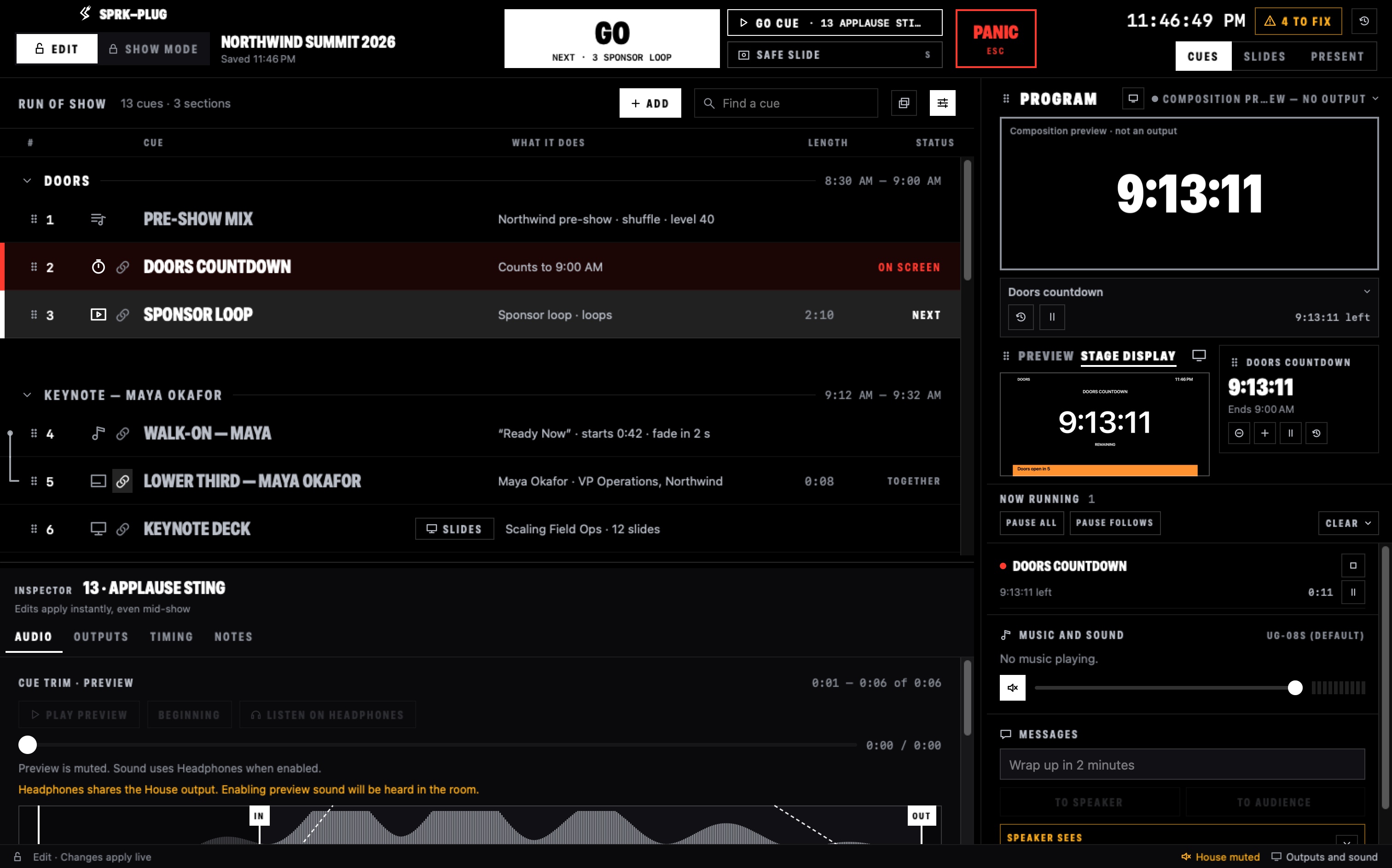 Inspector with a sound waveform, In and Out markers, fade slopes, and House or Headphones output.